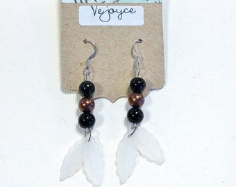 Float like a Feather Earrings Bronze Black White Dangle Feather Earthy Earrings Leaf cottage core witchy classy unique dainty gift for her