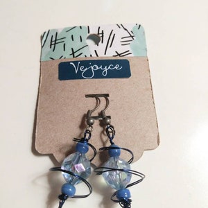 Blue Swirl Wire Wrap Dangle Earrings Blue Shiny Sparkly Dainty Plastic Wrapped Wire Work Drop Earrings Gift For Her Cute Love Unique Handmad image 1