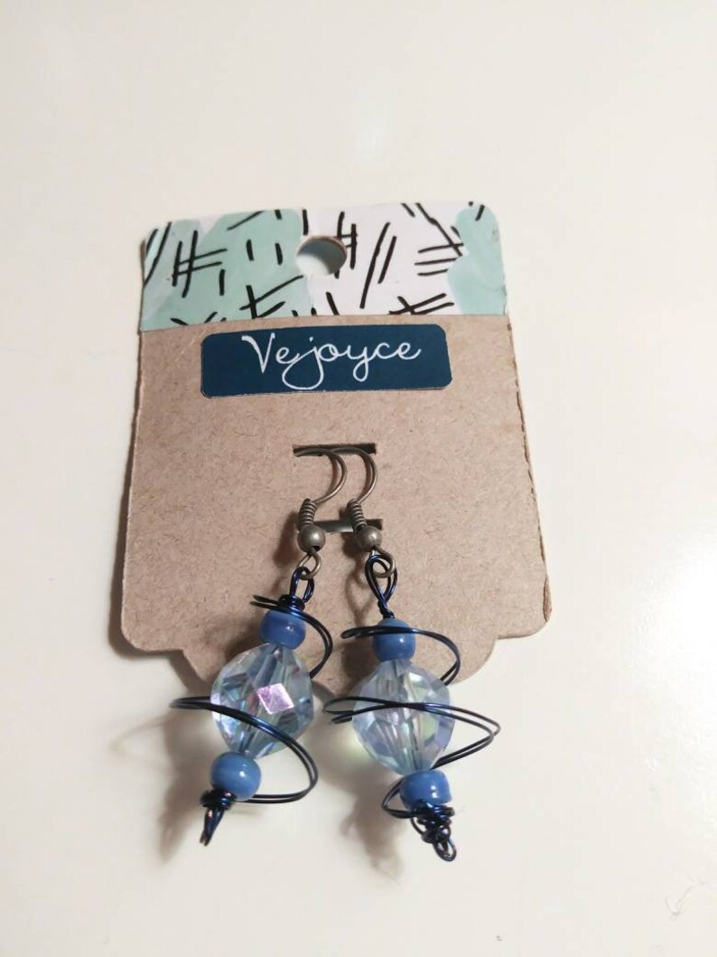 Blue Swirl Wire Wrap Dangle Earrings Blue Shiny Sparkly Dainty Plastic Wrapped Wire Work Drop Earrings Gift For Her Cute Love Unique Handmad image 1