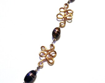Dark and Twisty Bracelet; Swirly Beaded Bracelet Gold and Brown Bracelet Glass Bead Shaped Wire Work Classy Fancy handmade unique gift