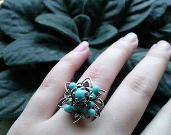 Power of Flower Adjustable Ring Reused Flower Metal Statement Large Ring Unique Gift For Her Turquoise Blue Plastic Ring Petal Stack Ring