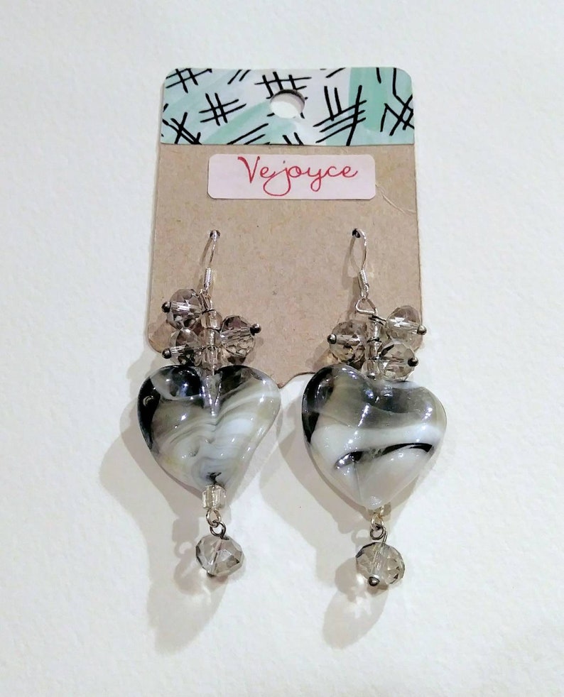 I Heart U Dangle Glass Earrings Valentine's Heart Earrings Gray White Glasswork Glitter Crystal Gift for Her Cluster Swirly Unique Barbie image 2