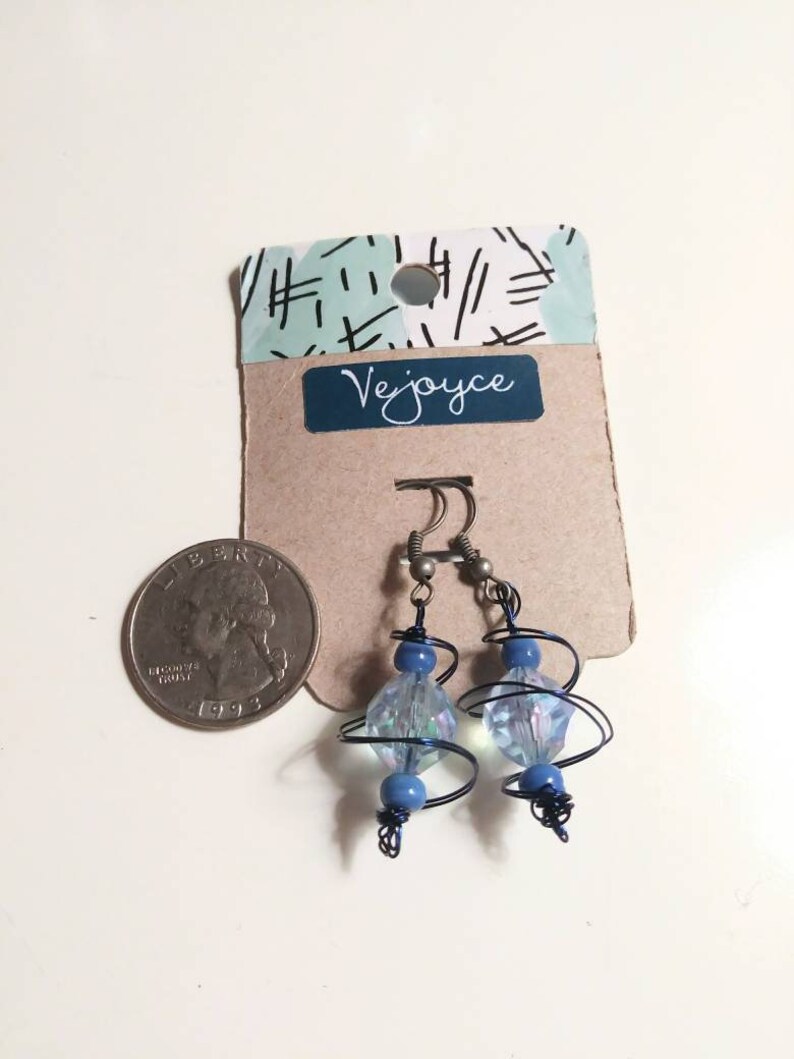 Blue Swirl Wire Wrap Dangle Earrings Blue Shiny Sparkly Dainty Plastic Wrapped Wire Work Drop Earrings Gift For Her Cute Love Unique Handmad image 2