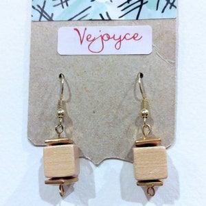 Block Head Wooden Earrings Modern Cube Wood Pink Gold Dangle Square Gift for Her Geometric Drop Block Classy Earrings Dainty natural Barbie image 2