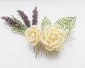Bridal lavender hair comb, white flower hair comb, beaded flower hair comb, beaded lavender, white rose hair piece, flower hair accessories