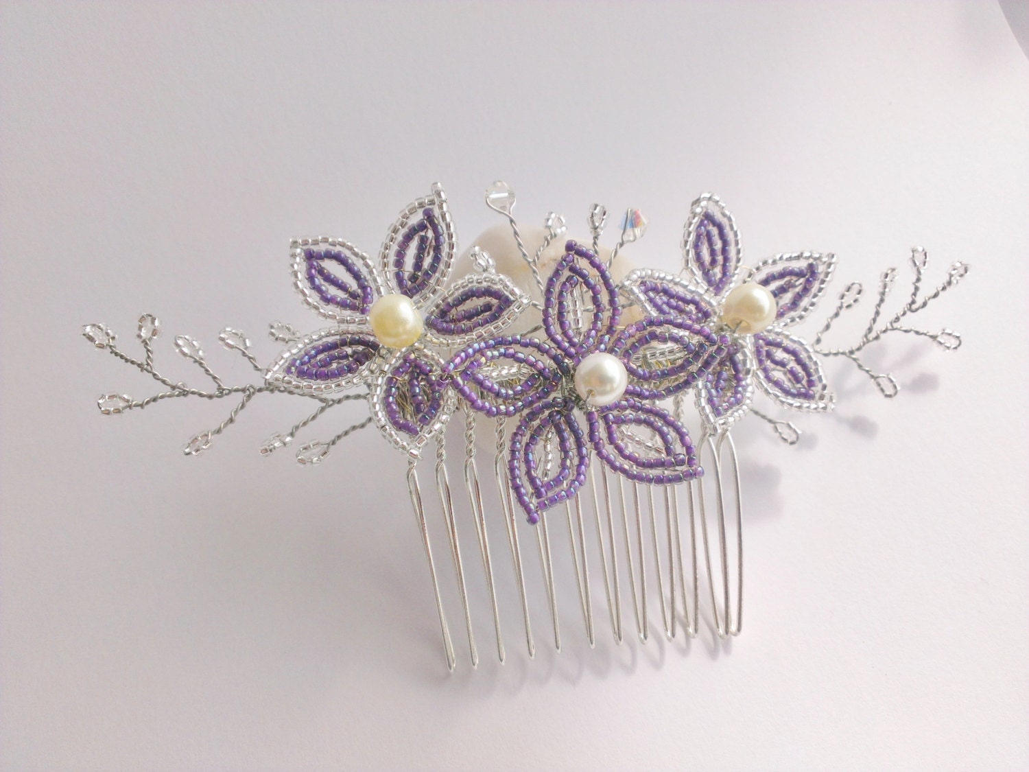Purple Flower Hair Comb With Crystal Spray Beaded Flower Hair Etsy