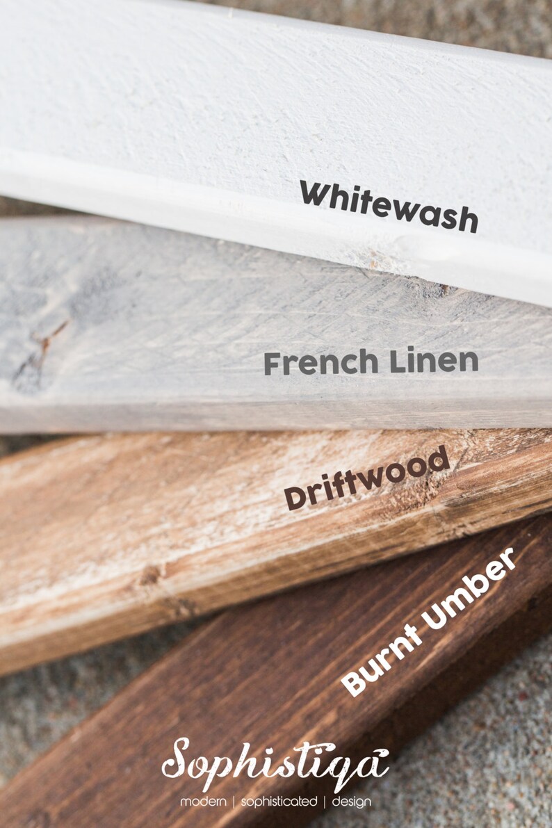May include: Close-up of four wooden planks showcasing different finishes: Whitewash, French Linen, Driftwood, and Burnt Umber. The Sophistiqa logo is at the bottom. The planks are angled, revealing their textures and colors.