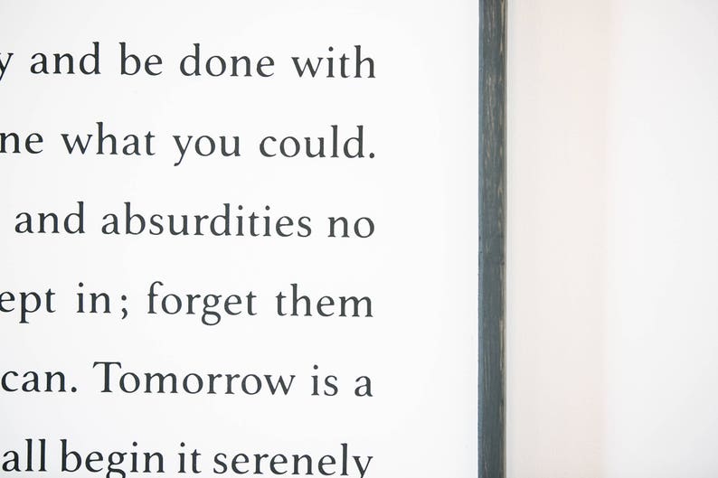 May include: A black and white framed print with a quote that reads: "y and be done with ne what you could. and absurdities no ept in; forget them can. Tomorrow is a all begin it serenely"