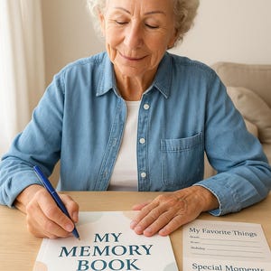 Afdrukbaar geheugenboek voor senioren | Dementie en alzheimeractiviteit | Aandenkendagboek met fotopagina&#39;s met prompts