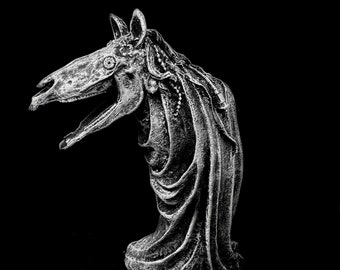 May include: A black and white photograph of a detailed, stone horse sculpture with a long, flowing mane. The horse's mouth is open and its head is tilted to the side.