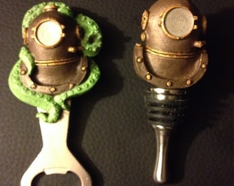 Hand painted diving helmet bottle opener and bottke stopper set