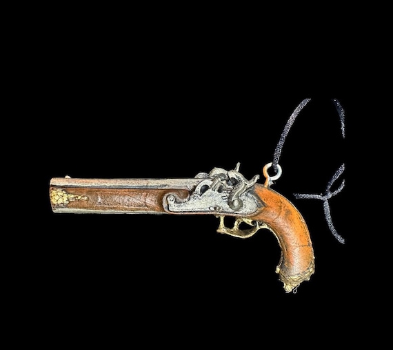 Grand Ornement Mural Fusil à Silex En Bois Et Laiton - 69 Cm, Vintage