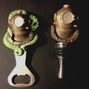Hand painted diving helmet bottle opener and bottke stopper set
