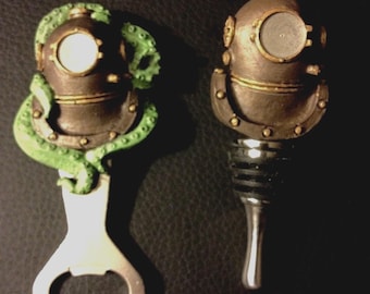 Hand painted diving helmet bottle opener and bottke stopper set