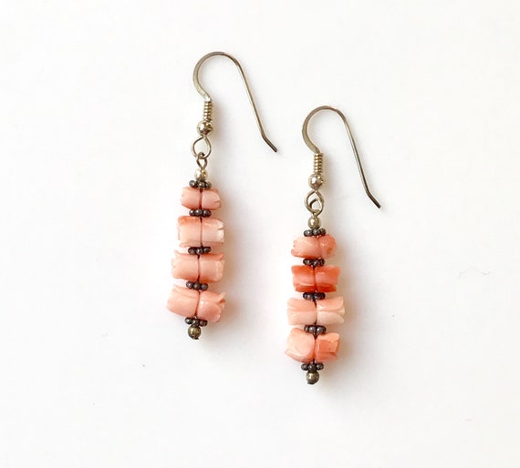 Vintage  Angel Skin Coral Dangle Earrings, Carved… - image 7