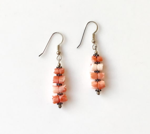 Vintage  Angel Skin Coral Dangle Earrings, Carved… - image 8