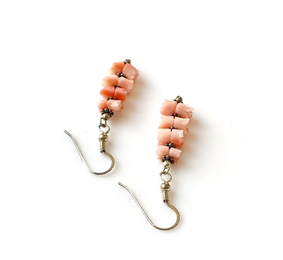 Vintage  Angel Skin Coral Dangle Earrings, Carved… - image 6