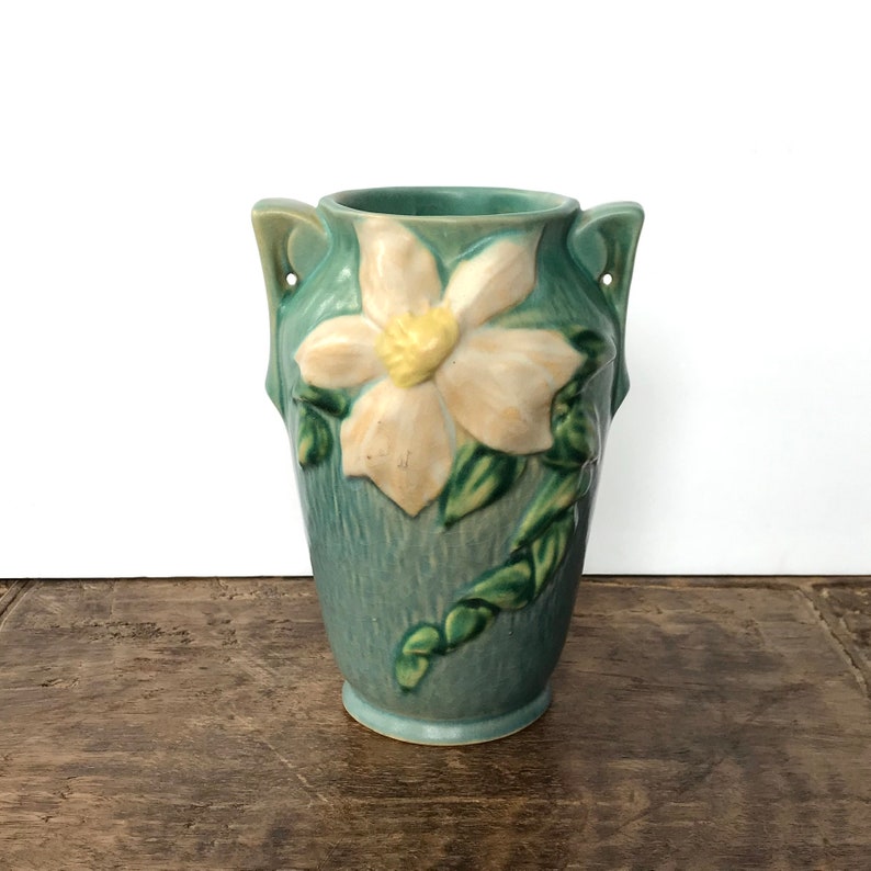 Roseville Pottery Clematis Pattern 1057 Double Handled Vase Etsy