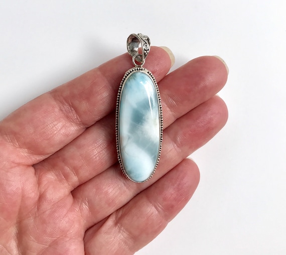 Silver Larimar Pendant, Oval Cabochon Gemstone, 9… - image 1