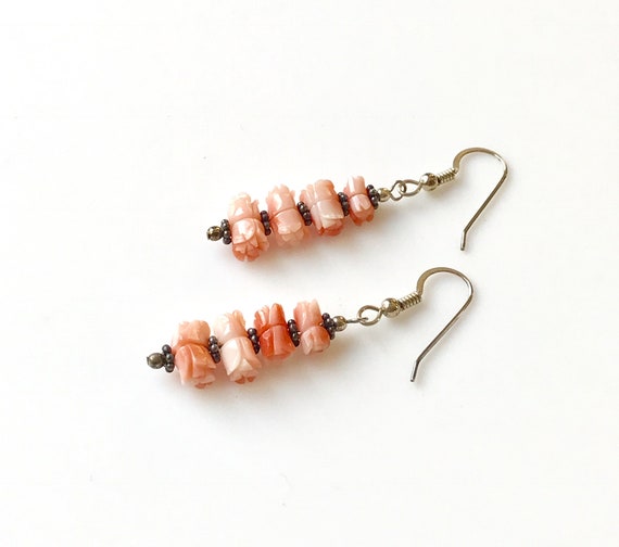 Vintage  Angel Skin Coral Dangle Earrings, Carved… - image 3