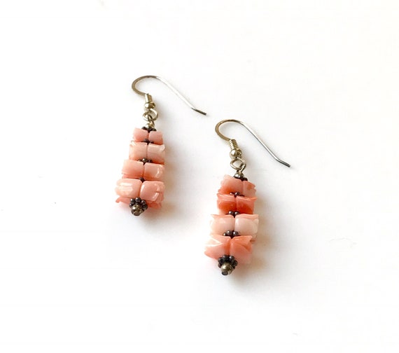 Vintage  Angel Skin Coral Dangle Earrings, Carved… - image 4