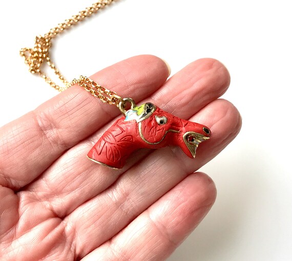 Vintage Chinese Carved Red Cinnabar Necklace, Hor… - image 9