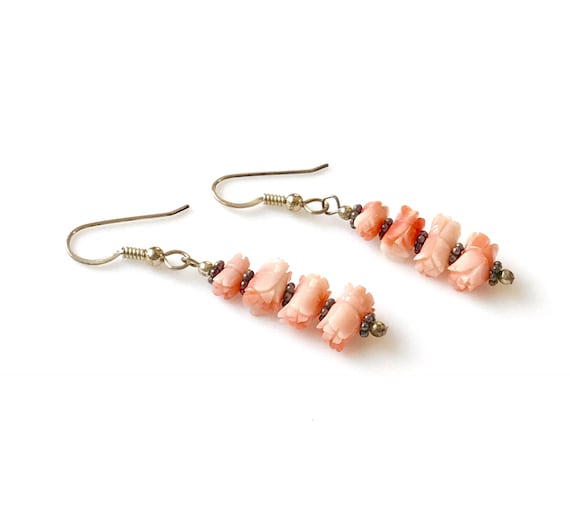 Vintage  Angel Skin Coral Dangle Earrings, Carved… - image 5