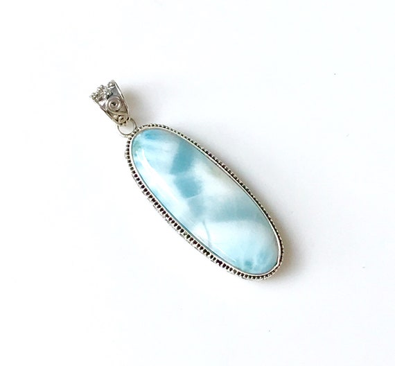 Silver Larimar Pendant, Oval Cabochon Gemstone, 9… - image 4