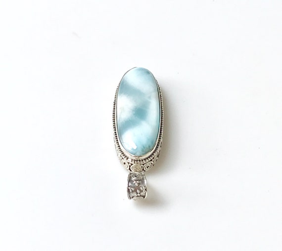 Silver Larimar Pendant, Oval Cabochon Gemstone, 9… - image 6