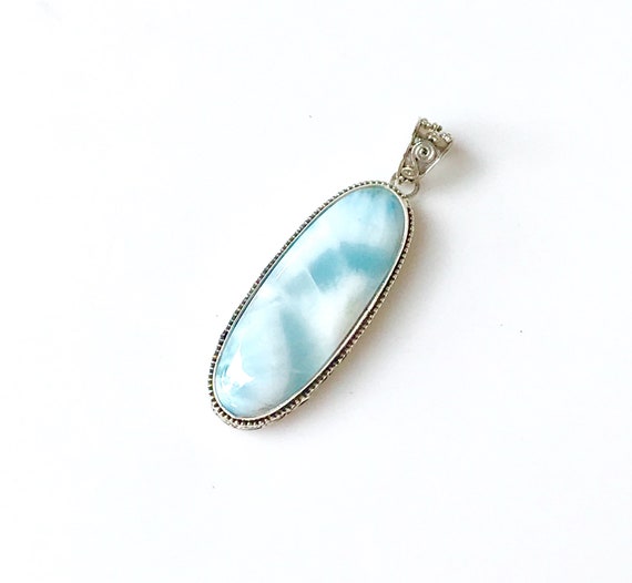 Silver Larimar Pendant, Oval Cabochon Gemstone, 9… - image 3