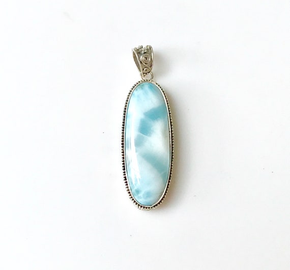 Silver Larimar Pendant, Oval Cabochon Gemstone, 9… - image 2