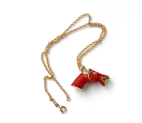 Vintage Chinese Carved Red Cinnabar Necklace, Hor… - image 1