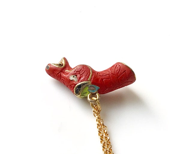 Vintage Chinese Carved Red Cinnabar Necklace, Hor… - image 6