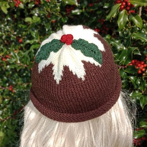 May include: A brown knitted hat resembling a Christmas pudding, with white frosting, green holly leaves, and a red berry. The hat is worn on a head with blonde hair, set against a backdrop of green foliage.