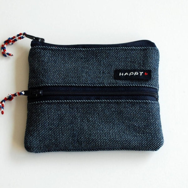 Denim purse, Custom label, Small zipper pouch, Wallet, Cotton coin purse, Small gift idea, Natural, Embroidery, Cute, fabric wallet