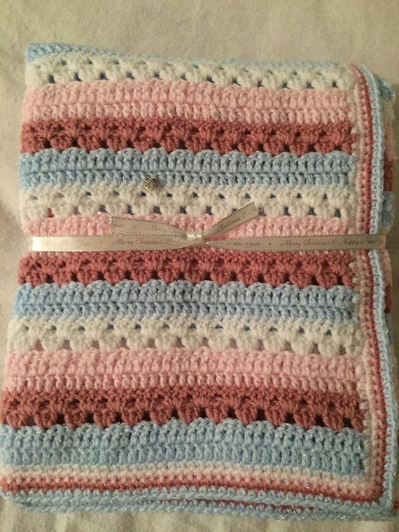 Pink Blue and White Crochet Baby Blanket Crochet Blanket