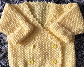 Yellow Hand Knitted Baby Cardigan, Baby Sweater, Baby Jumper, Cross Over Wrap