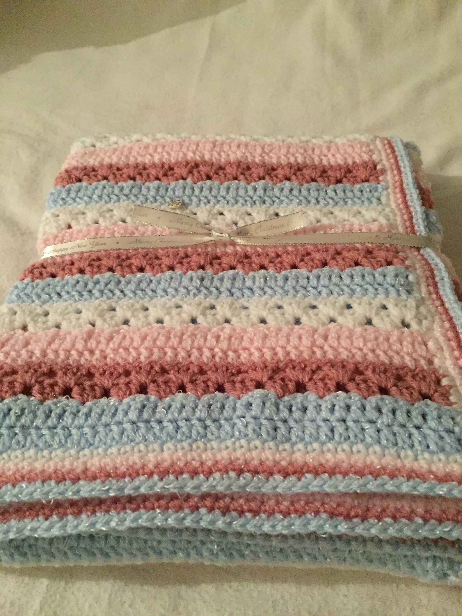 Pink Blue and White Crochet Baby Blanket Crochet Blanket Etsy