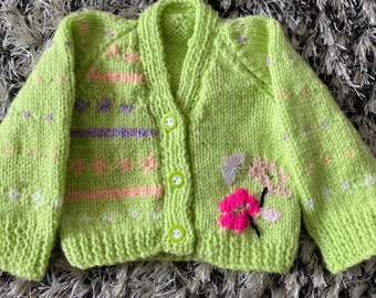 Rabbits, Chickens, Sheep, Flowers, Nature Hand Knitted Baby Cardigan, Baby Sweater, Baby Jumper