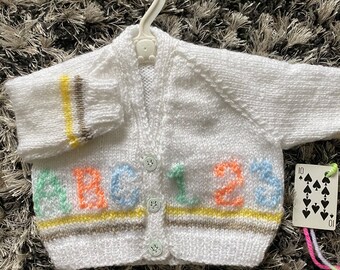 ABC, 123, Letters and Numbers Hand Knitted Baby Cardigan, Baby Sweater, Baby Jumper