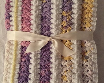 White, Lemon and Lilac Crochet Baby Blanket, Crochet Blanket, Crochet Baby Blanket