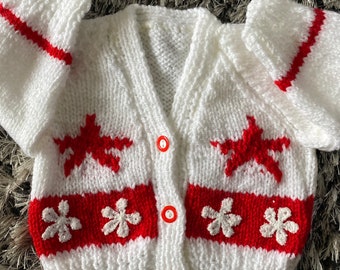 Red and White Hand Knitted Baby Cardigan, Baby Sweater, Baby Jumper