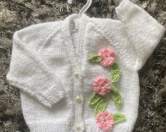 Pink and White Hand Knitted Baby Cardigan, Baby Sweater, Baby Jumper