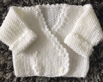 Hand Knitted Baby Cardigan, Baby Sweater, Baby Jumper, Cross Over Cardigan, Premature Size, Preemie Size