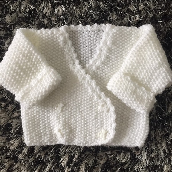 White Hand Knitted Baby Cardigan, Baby Sweater, Baby Jumper, Cross Over Wrap