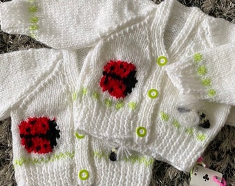 Ladybug Hand Knitted Baby Cardigan, Baby Sweater, Baby Jumper