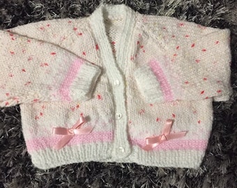 Pink and White Hand Knitted Baby Cardigan, Baby Sweater, Baby Jumper