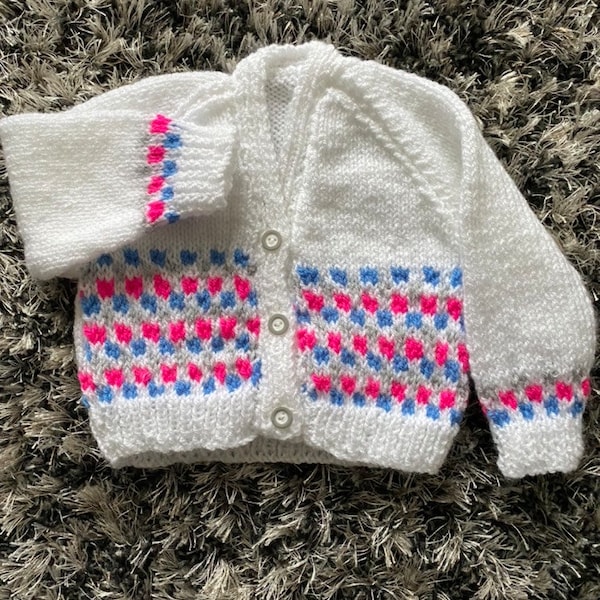 Dots and Checked Hand Knitted Baby Cardigan, Baby Sweater, Baby Jumper
