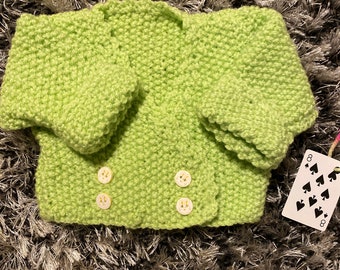 Green Hand Knitted Baby Cardigan, Baby Sweater, Baby Jumper