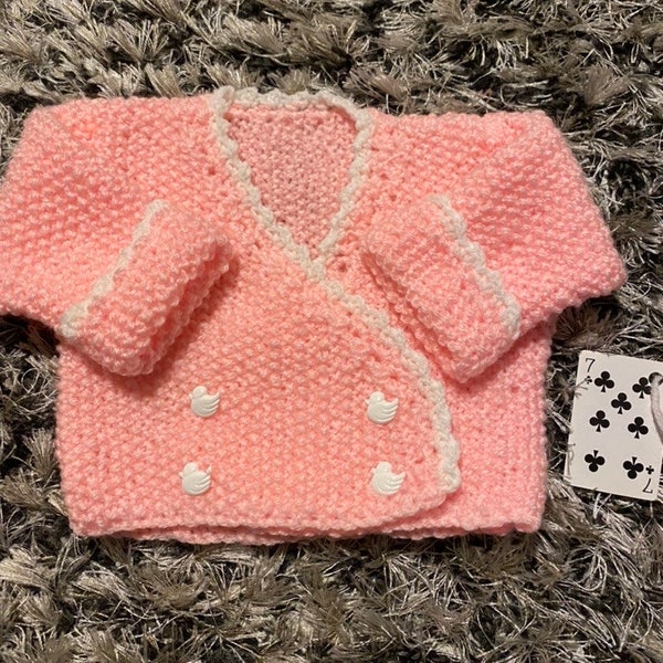 Pink Hand Knitted Baby Cardigan, Baby Sweater, Baby Jumper, Cross Over Wrap